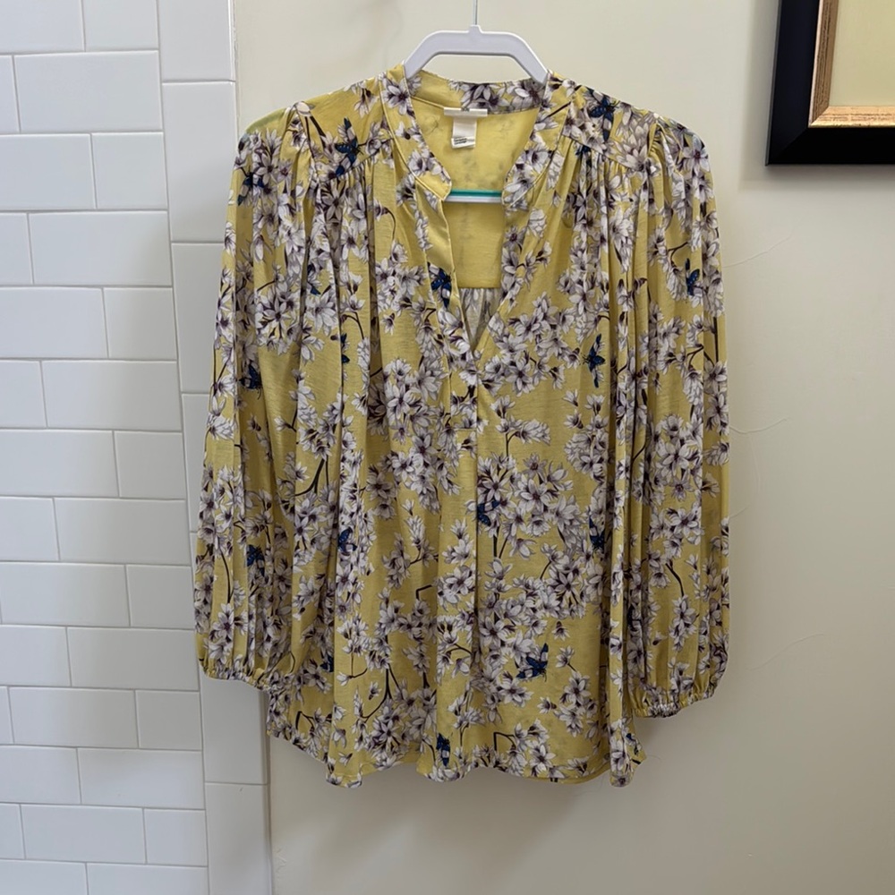 H&M Yellow Cream Blouse Relaxed 3/4 Sleeve
